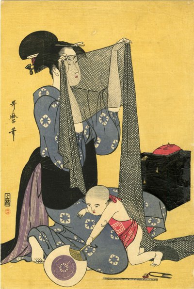 Hari-shigoto Naaldwerk. Drieluik, linker deel, 1795 door Kitagawa Utamaro