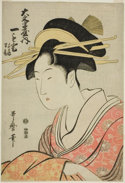 Hitomoto van de Daimonjiya met begeleiders Senkaku en Banki door Kitagawa Utamaro