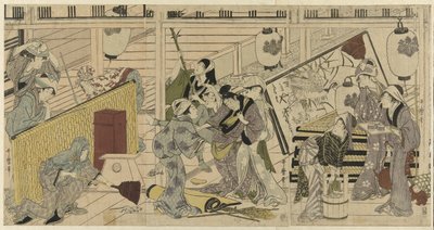 Huishoudelijke schoonmaak ter voorbereiding op het nieuwe jaar door Kitagawa Utamaro