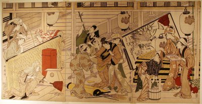 Huishoudelijke schoonmaak ter voorbereiding op het nieuwe jaar door Kitagawa Utamaro