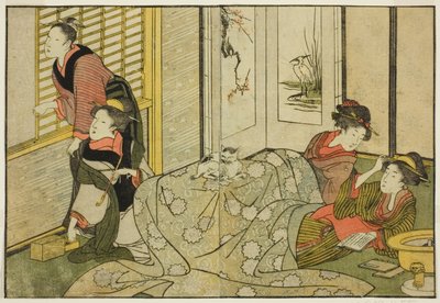 Interieur op een sneeuwachtige dag, uit het geïllustreerde boek "Prentenboek: Bloemen van de Vier Seizoenen (Ehon shiki no hana)," deel 2 door Kitagawa Utamaro