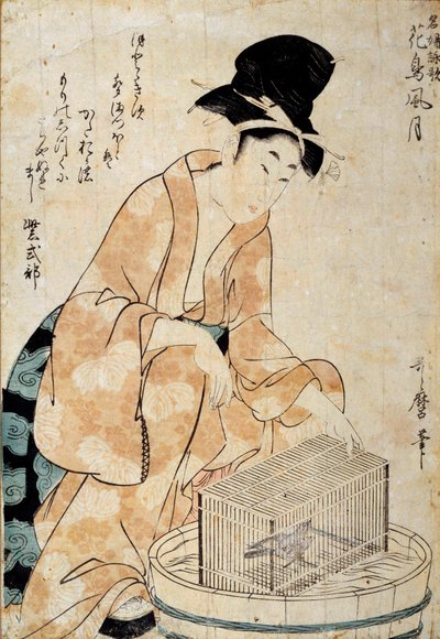 Japanse kunst: vrouw zittend voor een vogelkooi. Tekening van Outamaro (Utamaro) Kitagawa (1753-1806) 18e eeuw. Rennes, Musée des Beaux Arts door Kitagawa Utamaro