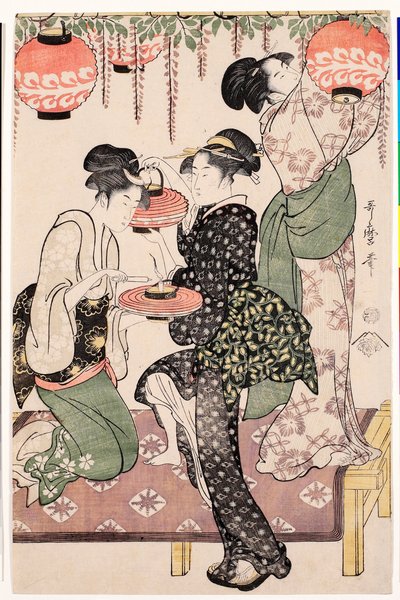 Theehuismeisjes onder een blauwe regen door Kitagawa Utamaro