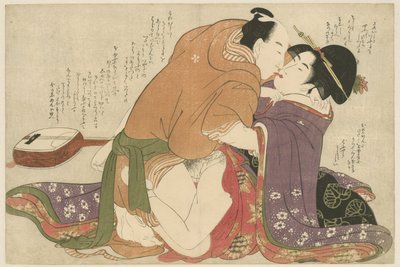Jonge burgerdochter met minnaar bij een shamisen door Kitagawa Utamaro