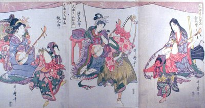 Kintaro, Urashimataro en Momotaro, van het drieluik "Set van drie sakebekers voor de eerste maand (Tarozuki mitsugumi sakazuki)". door Kitagawa Utamaro