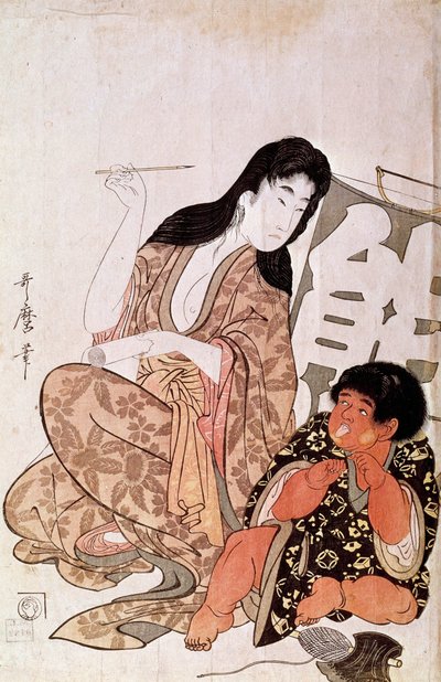 Kintaro en Yamauba kalligraferend, serie: Yamauba en Kintaro door Kitagawa Utamaro
