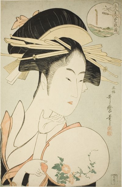 Kisegawa van de Matsubaya, uit de serie "Vergelijking van de Charme van Vijf Schoonheden" door Kitagawa Utamaro