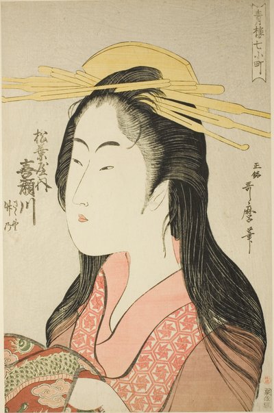 Kisegawa van de Matsubaya, [wiens bedienden zijn] Sasano, Takeno (Matsubaya uchi Kisegawa, Sasano, Takeno), uit de serie "Zeven Komachi van Yoshiwara" ("Seiro nana Komachi") door Kitagawa Utamaro