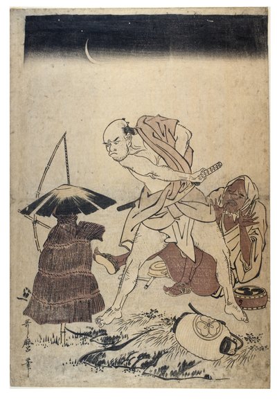 Man bedreigt vogelverschrikker op een donkere nacht door Kitagawa Utamaro