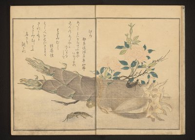 Mole cricket en oorworm op bamboescheut door Kitagawa Utamaro
