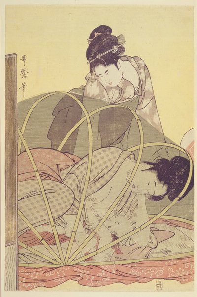 Moeder voedt baby onder muskietennet, ca. 1795 door Kitagawa Utamaro