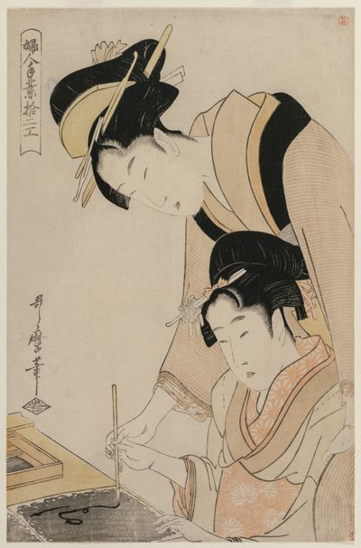 Moeder leert haar dochter kalligrafie, uit de serie Twaalf Beroepen van Vrouwen door Kitagawa Utamaro