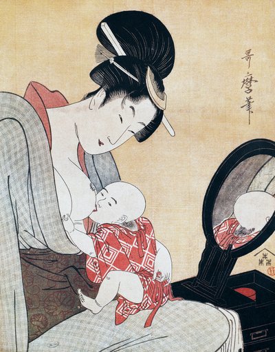 Moeder die haar zoon borstvoeding geeft, ukiyo-e kunstdruk door Kitagawa Utamaro (1753-1806), houtsnede, Japanse beschaving, Edo-periode door Kitagawa Utamaro