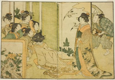 Nieuwjaars Manzai-voorstelling in het landhuis van een Feodale Heer, uit het geïllustreerde boek "Picture Book: Bloemen van de vier seizoenen (Ehon shiki no hana)," vol. 1 door Kitagawa Utamaro