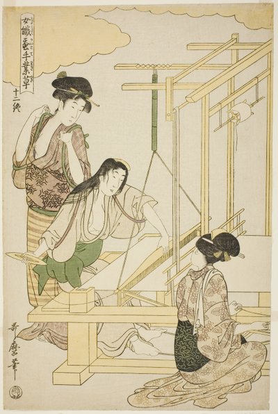 Nr. 12 (juni), uit de serie "Vrouwen Betrokken bij de Zijde-industrie (Joshoku kaiko tewaza-gusa)" door Kitagawa Utamaro