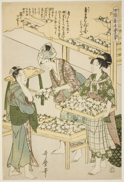 Nr. 6 (roku), uit de serie "Vrouwen werkzaam in de zijderupsindustrie (Joshoku kaiko tewaza-gusa)" door Kitagawa Utamaro