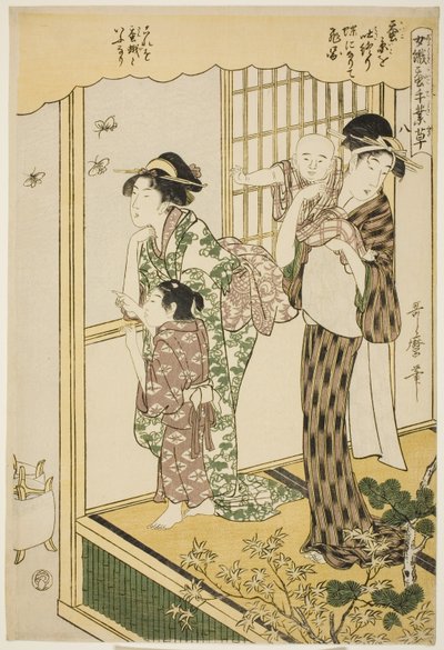 Nr. 8 (hachi), uit de serie "Vrouwen bezig in de zijderupsindustrie (Joshoku kaiko tewaza-gusa)" door Kitagawa Utamaro