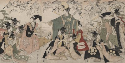 Parodie op Yoritomo die kraanvogels vrijlaat (Mitate Yoritomo hōkaku) door Kitagawa Utamaro