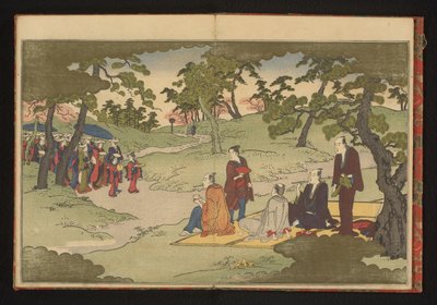 Picknicken en thee drinken in de heuvels van Ueno, Edo door Kitagawa Utamaro