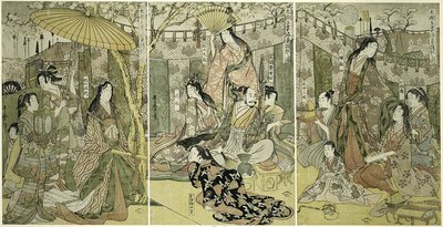 Afbeelding van Hideyoshi en zijn Vijf Vrouwen die Kersenbloesems Bekijken in Higashiyama door Kitagawa Utamaro