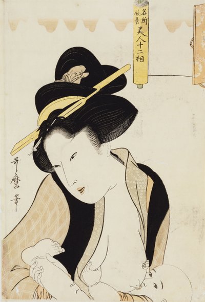 Portret van een moeder die haar kind borstvoeding geeft, uit de serie "Twaalf typen van mooie vrouwen met landschappen van beroemde plaatsen" door Kitagawa Utamaro