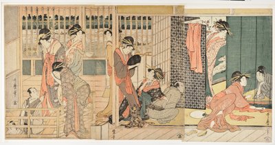 Ochtendscène in een Japans bordeel (karitaku) door Kitagawa Utamaro