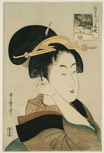 Tatsumi Roko, uit de serie "Beroemde schoonheden vergeleken met de zes onsterfelijke dichters" ("Komei bijin rokkasen") door Kitagawa Utamaro