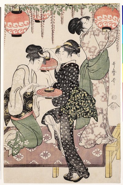 Theehuismeisjes onder een wisteria espalier door Kitagawa Utamaro