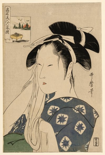 De Asahiya Weduwe, uit de serie "Beroemde Schoonheden Vergeleken met de Zes Onsterfelijke Dichters" door Kitagawa Utamaro
