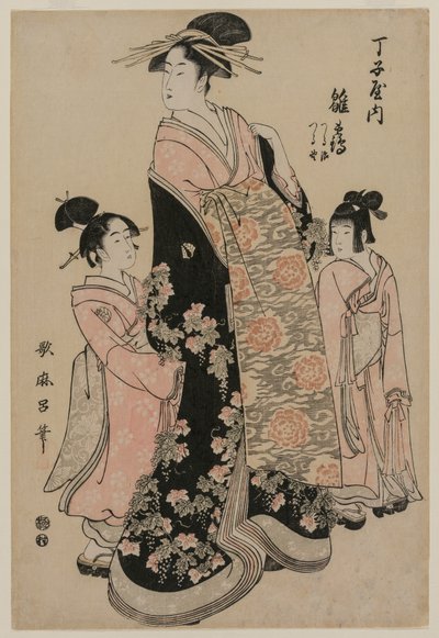 De courtisane Hinazuru van Chojiya met haar bedienden Tsuruji en Tsuruno door Kitagawa Utamaro