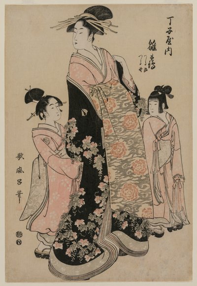 De courtisane Hinazuru van Chojiya met haar bedienden Tsuruji en Tsuruno door Kitagawa Utamaro