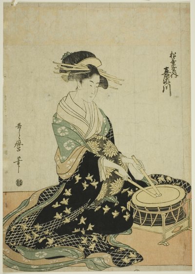 De courtisane Kisegawa van de Matsubaya, uit een ongetitelde serie courtisanes van de Matsubaya als vijf muzikanten door Kitagawa Utamaro