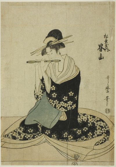 De Courtisane Seyama van de Matsubaya, uit een ongetitelde serie courtisanes van de Matsubaya als vijf muzikanten door Kitagawa Utamaro
