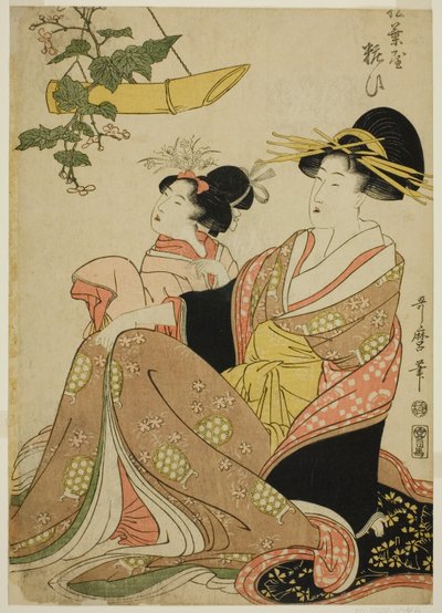 De Courtisane Yoso-oi van het Dennennaaldhuis in de Yoshiwara en Haar Bediende (Matsubaya Yoso-oi) door Kitagawa Utamaro