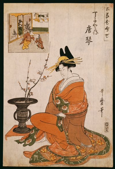 De courtisane, Karakoto van de Chojiya, zittend bij een arrangement van pruimenbloemen door Kitagawa Utamaro