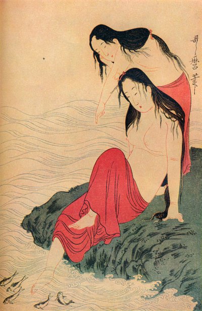 Het linker paneel en laatste paneel van het parelduikers drieluik door Kitagawa Utamaro