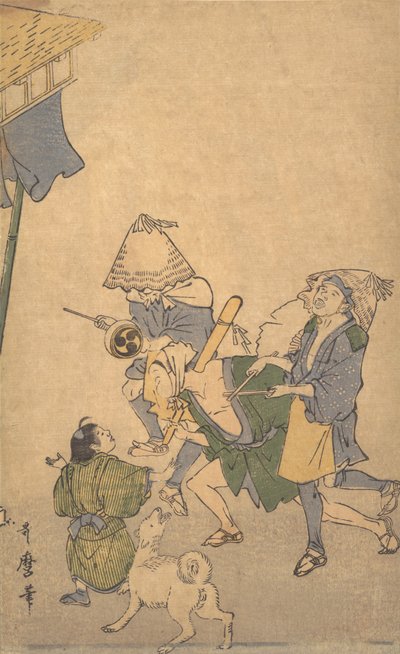 Drie feestvierders van de lagere klassen, met Komuso-hoeden door Kitagawa Utamaro