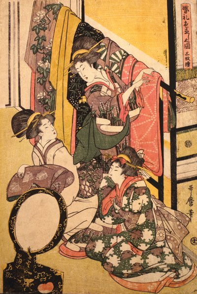 Drie meisjes in een kledingwinkel door Kitagawa Utamaro