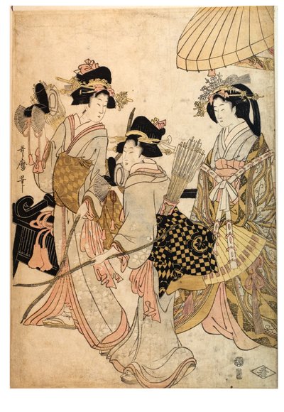 Drie vrouwen als boogschutters door Kitagawa Utamaro