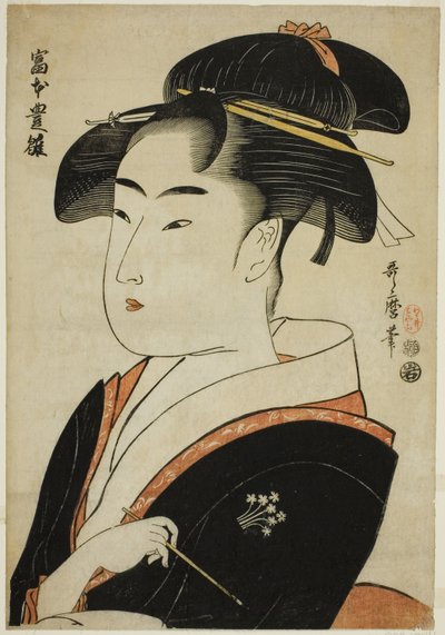 Tomimoto Toyohina, uit de serie "Beroemde Schoonheden van Edo (Edo komei bijin)" door Kitagawa Utamaro