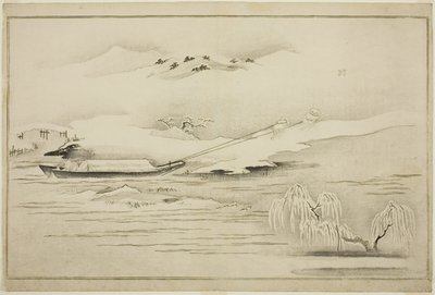 Een Schuit Slepen in de Sneeuw, uit het album De Zilveren Wereld door Kitagawa Utamaro