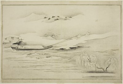 Een sleepboot in de sneeuw, uit het album De Zilveren Wereld, 1790 door Kitagawa Utamaro