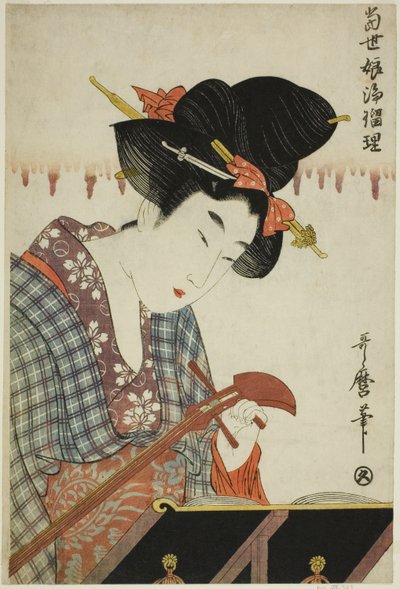 Een Shamisen Stemmend, uit de serie "Zingend bij Shamisen door Jonge Vrouwen van Vandaag" door Kitagawa Utamaro