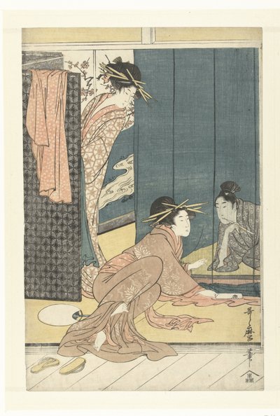 Twee courtisanes en een jongeman onder een muskietennet door Kitagawa Utamaro