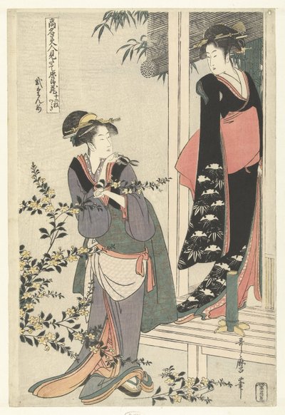 Twee vrouwen bij een bloeiende yamabuki struik: de tweede akte door Kitagawa Utamaro