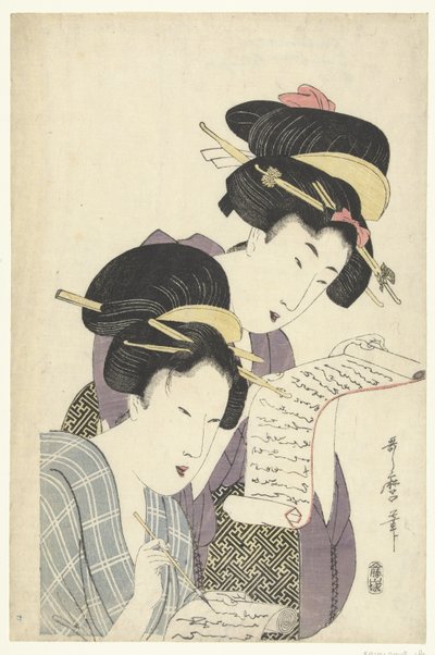 Twee vrouwen met brieven door Kitagawa Utamaro