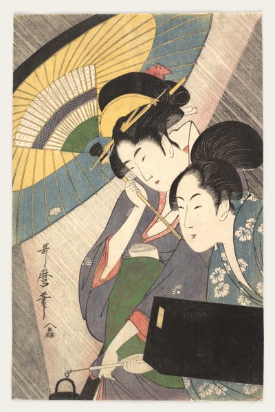 Twee vrouwen onder een paraplu, 1790s door Kitagawa Utamaro