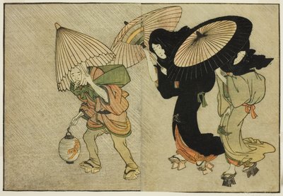 Twee Vrouwen en Bediende Gevangen in een Storm, uit het geïllustreerde boek "Prentenboek: Bloemen van de Vier Seizoenen (Ehon shiki no hana)," deel 2 door Kitagawa Utamaro