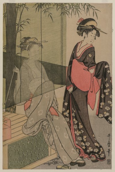 Twee vrouwen bij een bamboegordijn door Kitagawa Utamaro