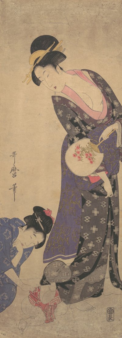 Twee vrouwen met een baby die op de vloer speelt, ca. 1793 door Kitagawa Utamaro